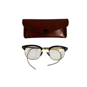 Shuron Vintage Mens Hornrim Glasses Gold Metal Frame Tortoise Trim Leather Case